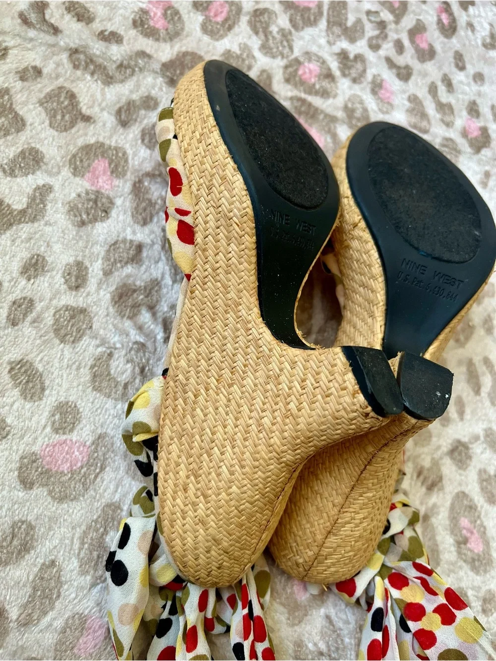 Retro Nine West Cream Espadrille Wedges with Red, Black and Olive Polka Dots